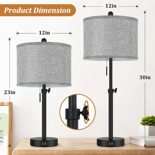 Vista 2 de Kondras Table Lamps for Bedroom Set of 2, 23''-30'' Adjustable Height Bedside Lamps with 2 USB Ports, Black Nightstand Lamps with Grey Linen Shade
