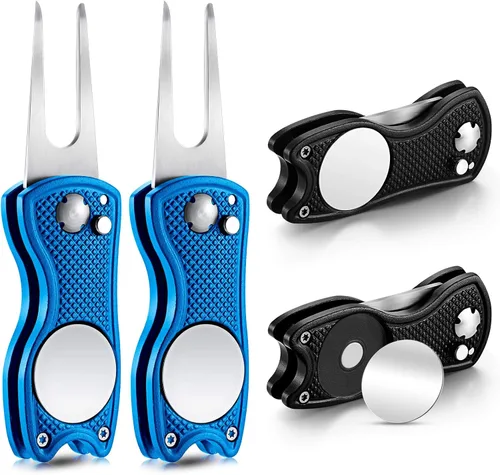 Vista 8 de Skylety 4 piezas herramienta de reparación de divot de golf plegable de metal con botón emergente magnético, marcador de bolas de acero inoxidable