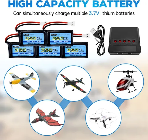Vista 2 de 5 pilas Lipo de 3.7 V 350 mAh 1S con enchufe Molex y cargador para Syma X11C WLToys V911S RC Drone, XK A150 BF-109 FX651 FX621 Z60 Jet F-16 F-22