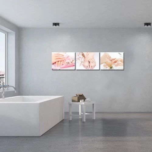 Vista 2 de HOMEOART 3 piezas de imágenes de pared de salón de belleza, decoración de salón de uñas, pedicura y manicura, póster en lienzo enmarcado, 12 x 16 x
