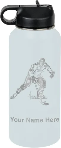 Vista 47 de LaserGram Botella de agua personalizada, jugador de hockey, acero inoxidable de doble pared aislada al vacío con popote superior, regalo grabado
