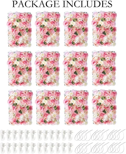 Vista 11 de NUPTIO Panel de pared de flores para telón de fondo: 12 piezas de 24 x 16 rosas artificiales blancas y rosas de imitación para decoración de bodas