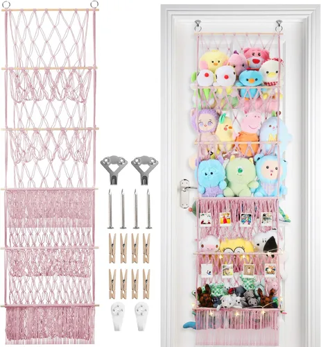 Vista 13 de Red de almacenamiento de animales de peluche de 2 niveles, 17 x 32 pulgadas, organizador grande de animales de peluche para pequeños rellenos