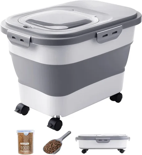 Vista 8 de Contenedor de almacenamiento de alimentos para perros de 20 a 23 libras, contenedor plegable para alimentos para perros con ruedas y cuchara