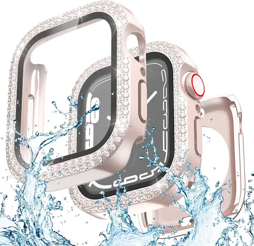 Vista 10 de Funda impermeable 2 en 1 compatible con Apple Watch de 1.575 pulgadas, protector de pantalla SE3/SE2/SE Series 6/5/4, cubierta facial con diamantes