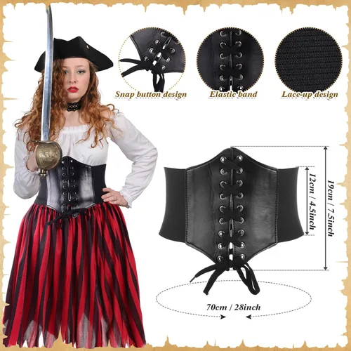 Vista 5 de Newcotte 4 piezas de Halloween para mujer, disfraz de pirata, cosplay, renacentista, blusa con corsé, cinturón de cintura, falda pirata, rayas