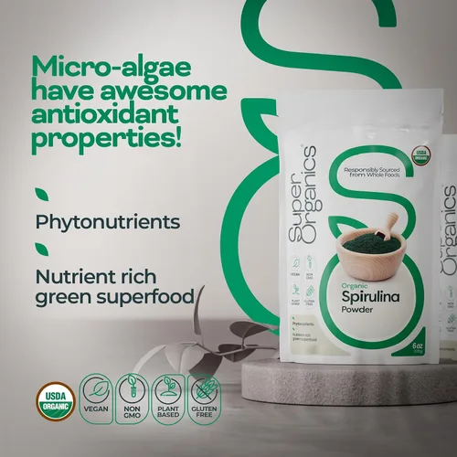 Vista 3 de Super Organics Spirulina en polvo orgánico – Superalimento verde crudo, 6 onzas Vegano, USDA orgánico, sin OMG, sin gluten, alto en proteínas