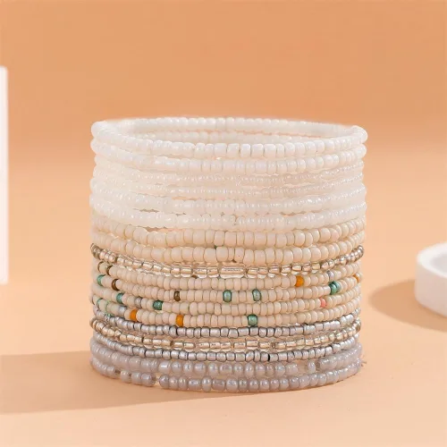 Vista 2 de Fuqimanman2020 18 piezas de pulseras apilables con cuentas estilo boho para mujer, conjunto de tobilleras de cuentas de arroz multicapas coloridas
