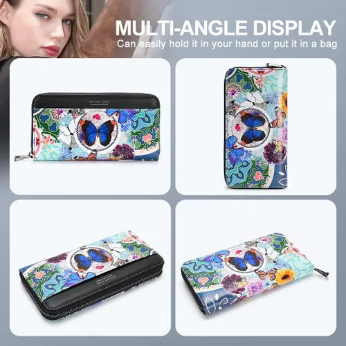 Vista 6 de APHISON Billetera para mujer, gran capacidad, monedero, tarjetero, RFID, pulsera, teléfono, cremallera, moneda, bolsillo de viaje