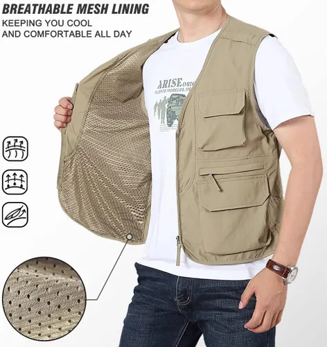 Vista 4 de LOUECHY Chaleco de pesca para hombre, chaleco ligero de viaje Safari con múltiples bolsillos