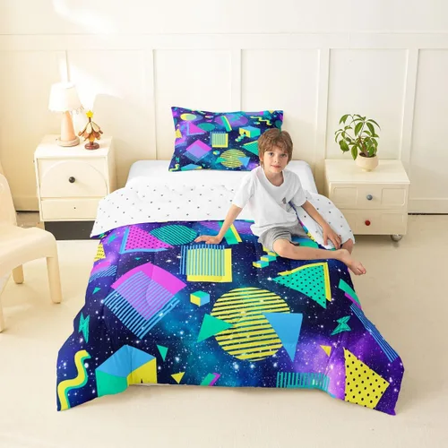 Vista 46 de Juego de edredón de estilo retro de los años 80, juego de ropa de cama de patrón geométrico abstracto, diseño urbano moderno con círculos