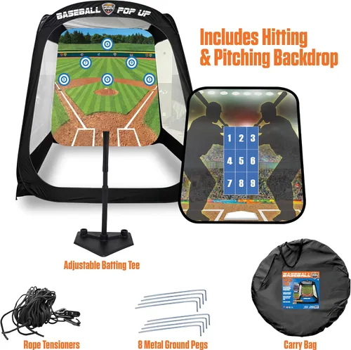 Vista 5 de MACCABI Art - Entrenador de práctica de béisbol/softbol emergente de 8 pies con fondo de golpeo y lanzamiento integrado, camiseta de bateo