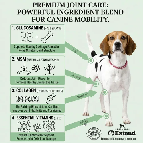 Vista 6 de Suplemento para perros Extend, cuidado de articulaciones para perros, suministro para 1 mes, glucosamina para perros con MSM y ácido ascórbico