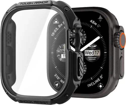 Vista 10 de Spigen para Apple Watch - Funda con protector de pantalla de vidrio templado táctil incorporado, resistente y de cobertura completa, armadura