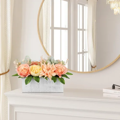 Vista 5 de DILATATA Arreglo floral con jarrón de madera, flores artificiales de 10 pulgadas en maceta, flores falsas en jarrón rectangular de madera blanco