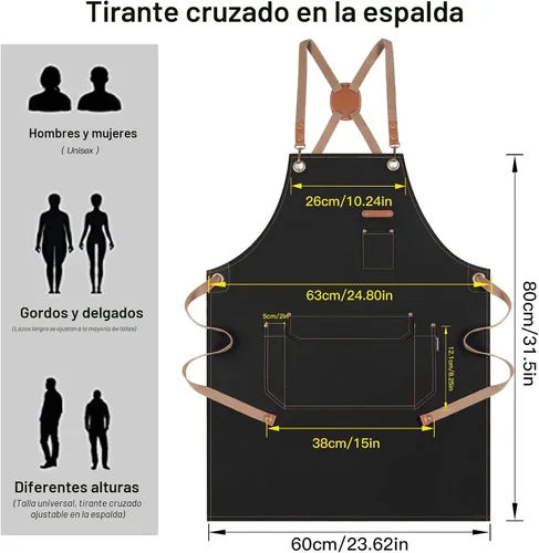 Vista 4 de Genixart Delantal de chef para hombres y mujeres con caja de regalo, delantal con espalda cruzada con bolsillos para cocina, cocina, hornear, Negro