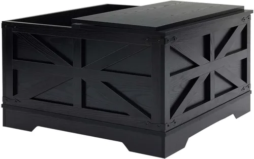 Vista 8 de Mesa de centro negra con almacenamiento, mesa de cóctel con parte superior elevadora con bisagras, mesa central cuadrada de madera con gran