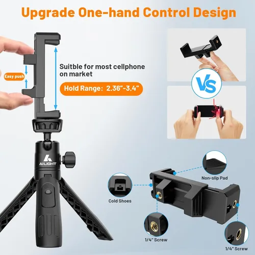 Vista 2 de Ailight Mini trípode de 11.2 pulgadas para iPhone, selfie stick con control remoto inalámbrico, portátil extensible, clip de teléfono mejorado