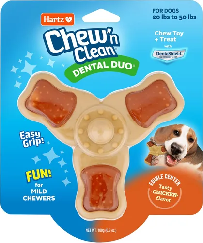 Vista 10 de Hartz Chew ‘n Clean juguete masticable y premio en uno con sabor a pollo, juguete tri-punto para perro, pequeño