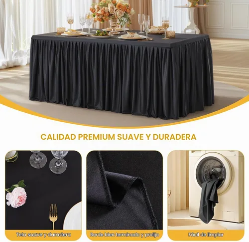 Vista 2 de Paquete de 2 manteles de poliéster negro para mesas rectangulares de 4 pies, cubierta de mesa ajustada sin arrugas, manteles elásticos de 4 pies