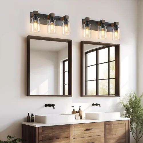 Vista 5 de Accesorios de iluminación de baño de granja, luces de tocador rústicas de 3 luces en madera para baño, iluminación de apliques de pared vintage