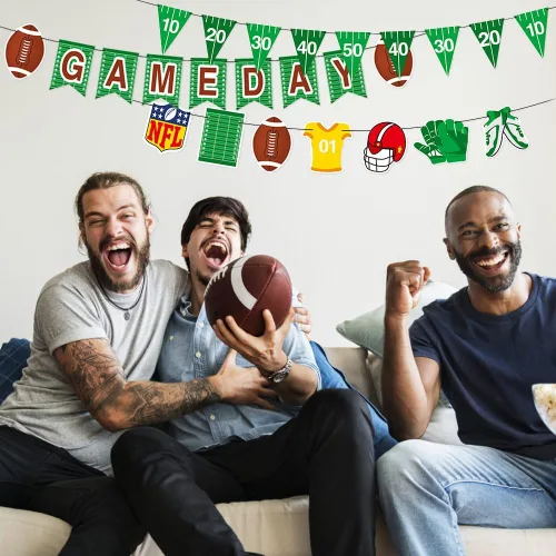 Vista 7 de 3 piezas de banderines con temática de rugby y fútbol americano, guirnalda para decoración de fiestas temáticas deportivas, suministros de decoración