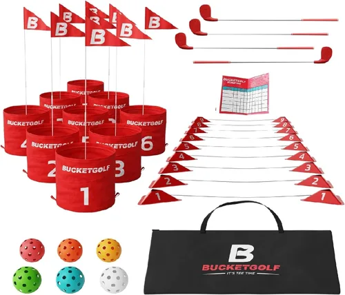 Vista 10 de bucketgolf Paquete de 9 Hoyos – Juego de Golf al Aire Libre para Todas las Edades. Adultos, Niños, Familia. Juega en Cualquier Lugar: Patios, Playa