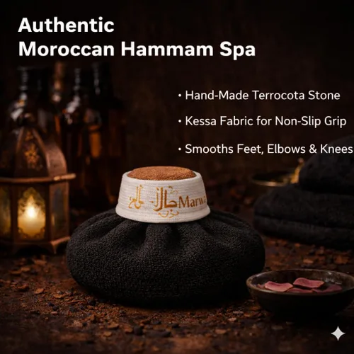 Vista 6 de Piedra pómez para pies – Removedor de callos de terracota marroquí hecho a mano, agarre antideslizante de tela Kessa, exfoliante natural