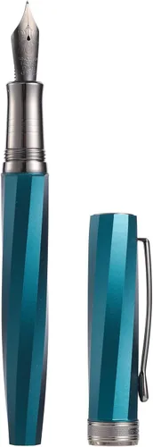 Vista 16 de HONG DIAN N11 Pluma estilográfica, punta extrafina suave recubierta de titanio en color negro, diseño geométrico azul pavo real y rombo con estuche