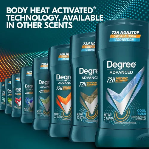 Vista 8 de Degree Desodorante antitranspirante para hombre, Cool Rush, 12 unidades, 72 horas, protección contra el sudor y el olor, antitranspirante