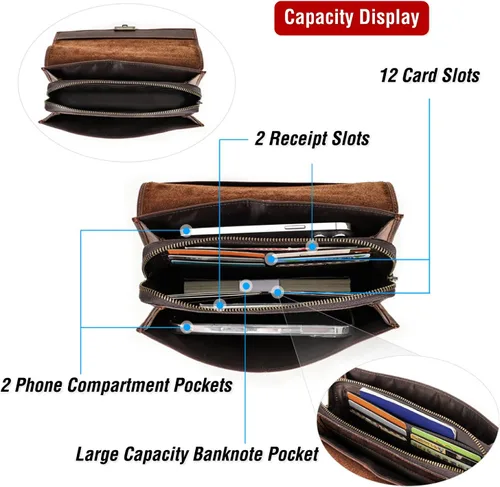 Vista 5 de Funda de piel de grano superior para hombre y mujer, múltiples bolsillos/ranuras, RFID de gran capacidad para tarjetas, cheques, dinero, pasaporte