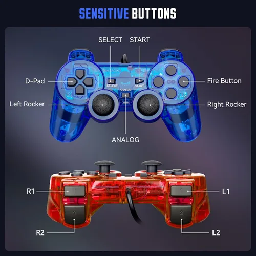 Vista 2 de Doueuain Wired Controller for PS2, 2 Pack Gamepad Remote Double Shock Compatible with Play station 2, with 1.8M CableClear Red and Clear Blue