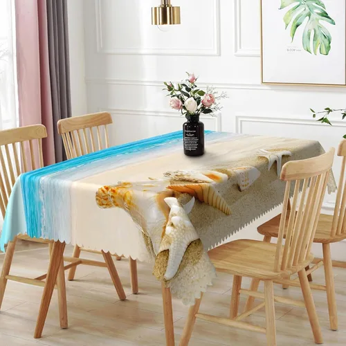 Vista 10 de Mantel oblongo, diseño de playa de 52 x 70 pulgadas, diseño de playa con estrellas de mar y olas de mar, con decoración impermeable y resistente a