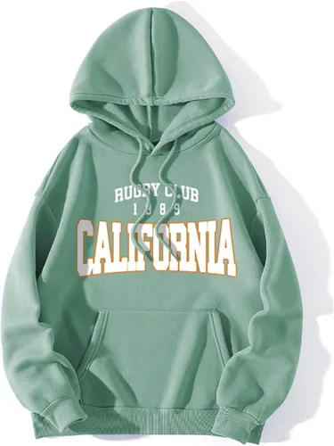 Vista 2 de BLUBUKLKUN Sudadera con capucha para mujer con estampado gráfico de letras, casual, manga larga, con cordón y bolsillo