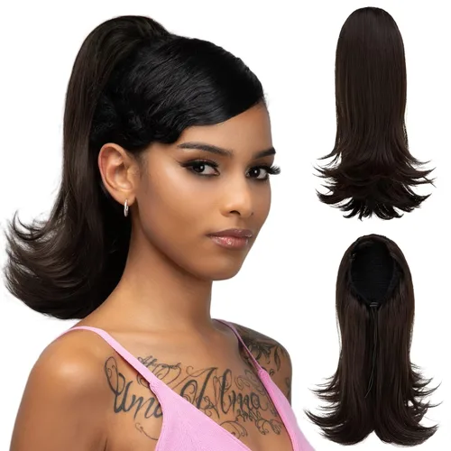 Vista 17 de Extensiones de cabello rizado con cordón para mujeres negras, 16 pulgadas de largo, sintético, afro, esponjoso, en capas, extensión de cola