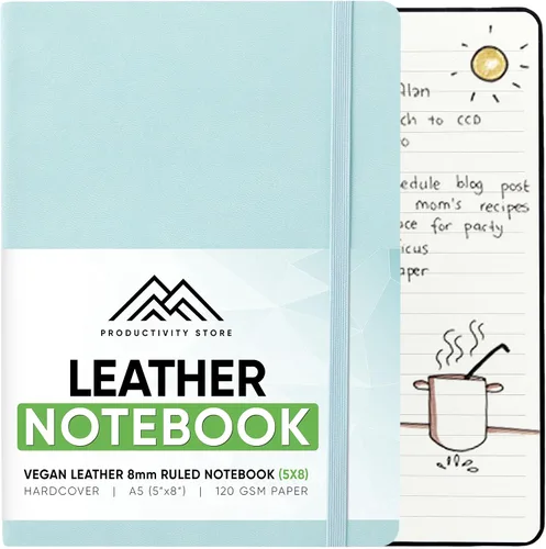 Vista 7 de PRODUCTIVITY STORE Cuaderno y diario de cuero Cuaderno A5 de cuero vegano de tapa dura de 5 x 8 pulgadas con papel grueso de alta calidad a rayas