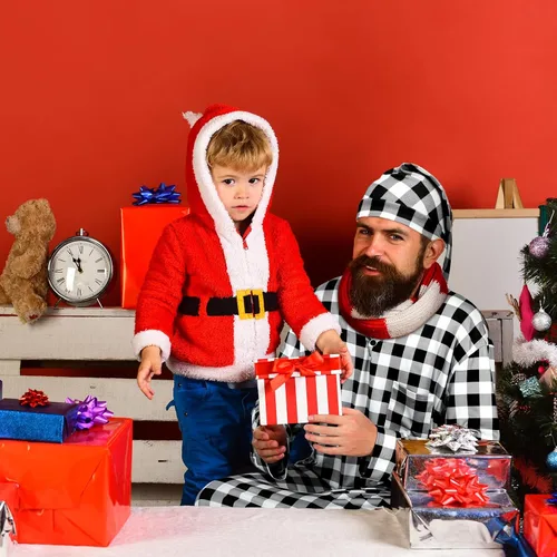 Vista 5 de Conjunto de camisa de dormir y gorro de dormir de manga larga para hombre con diseño de cuadros navideños y gorro de dormir con pompones