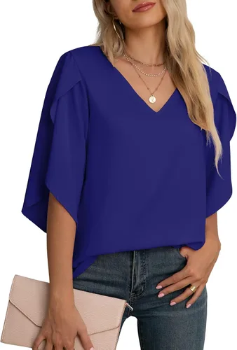 Vista 13 de Blusas de gasa con mangas 3/4 arrugadas de otoño para mujer de Jouica 01amy Verde