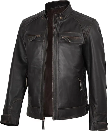 Vista 2 de fjackets Chaquetas de cuero para hombre de piel de cordero real - acolchado Cafe Racer Zip Up Moto Style Chaqueta de cuero para hombre