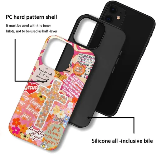 Vista 3 de DAIZAG Funda compatible con iPhone 11, funda duradera de protección contra golpes para niñas y mujeres, cruz bíblica, collage de flores