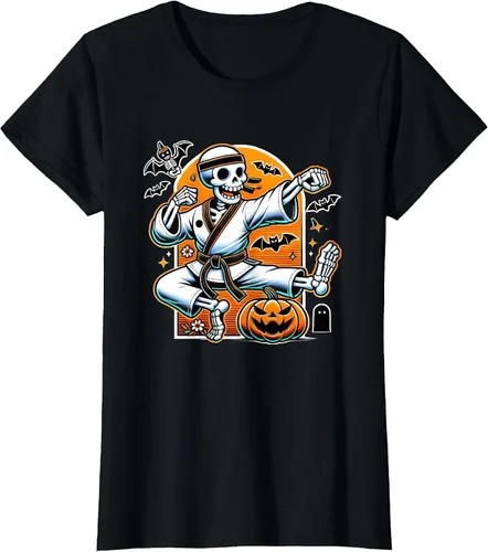 Vista 6 de Camiseta de karate de esqueleto de Halloween Negro