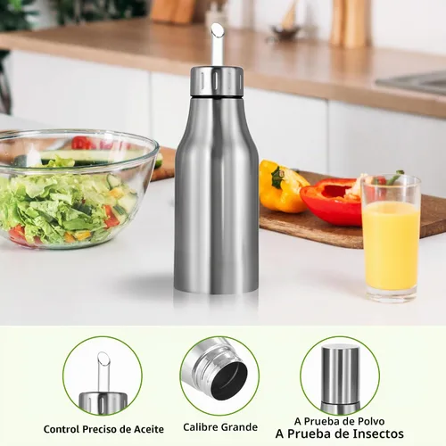 Vista 2 de Botella dispensadora de aceite de acero inoxidable - Decantador de aceite de oliva a prueba de fugas para cocina (17 onzas)