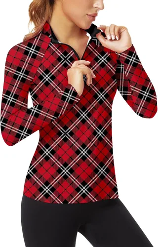Vista 37 de WOWENY - Camiseta de manga larga con cremallera de 1/4 para mujer, con cuello, para hacer deporte, con estampado, para tenis Hoja multicolor.