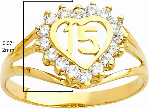 Vista 3 de Quinceanera Jewelry Anillo de oro amarillo de 14 quilates con circonita cúbica '15' con quince corazones, elección