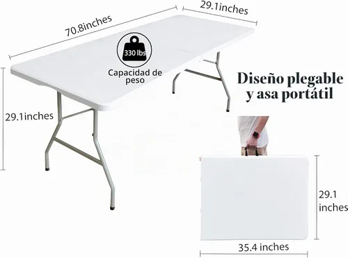 Vista 3 de Mesa plegable de 6 pies x 30 pulgadas, mesas de plástico para uso en interiores y exteriores, para picnic, fiesta, comedor, mesa de uso pesado