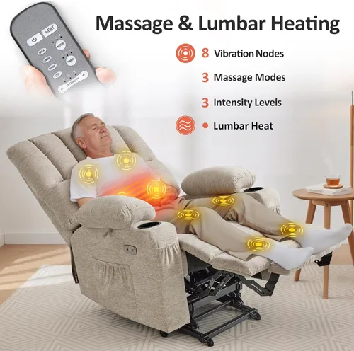 Vista 7 de MCombo Silla reclinable grande para personas mayores, silla elevadora con calor y masaje, 3 posiciones, puertos de carga USB, portavasos, tela 7099