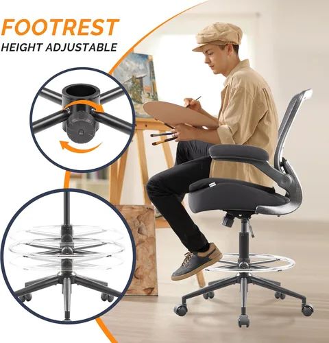 Vista 13 de Silla de redacción alta para oficina, taburetes ergonómicos de escritorio de pie para computadora, reposabrazos abatibles, altura ajustable y anillo