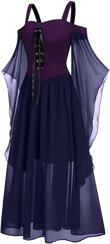 Vista 2 de WKSCLPAI Disfraces renacentistas para mujer, vestido medieval retro, sexy, con hombros descubiertos, corsé gótico, vestido de gasa de retazos