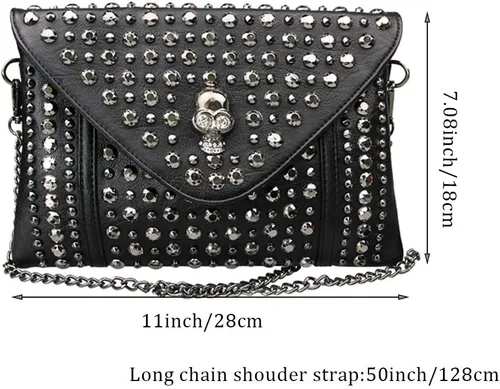 Vista 2 de Chikencall Bolso de mano de cuero con tachuelas de calavera punk negro con dos correas
