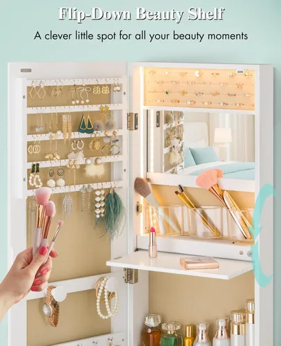 Vista 5 de LUXFURNI Armario de Joyería con Espejo Montado en la Pared con Luces, 42" de Alto Armario de Joyería Colgante Sobre la Puerta, Espejo de Joyería